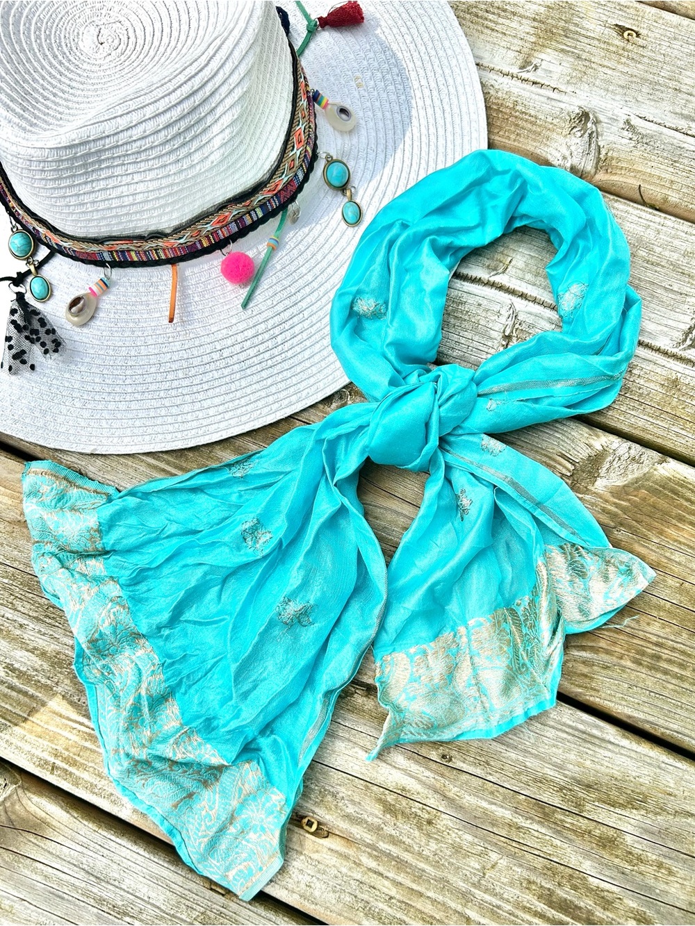 Gypsy Turquoise boho Scarf w Gold Accents